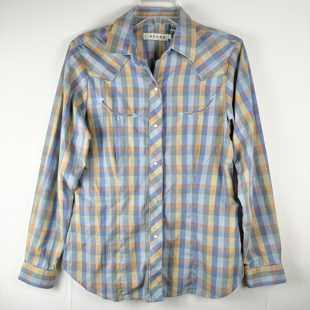 Roper Mens Plaid Western Shirt Medium Long Sleeve Pearl‎ Snap Blue Orange Cowboy